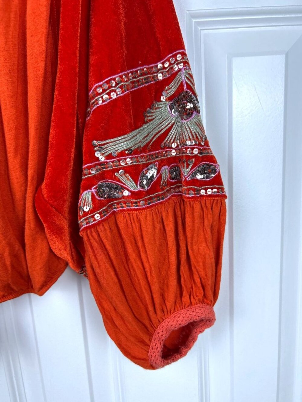 Free People Heart Aflame Top Women's Size Small Orange Sequin Balloon Sleeve - Picture 3 of 8
